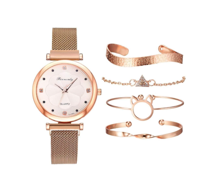 Luxury Magnet Buckle Flower Rhinestone Ladies Quartz Wrist Watch with 4 Pcs Bracelet Set - Gold - Zoom Image 1