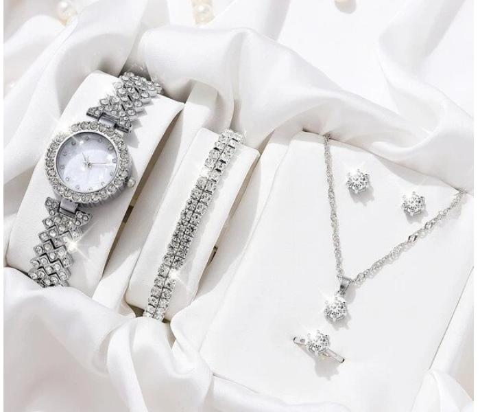 Rhinestone Decor Quartz Watch Wristwatches For Women with 5 Pcs Jewelry Set - Silver - Zoom Image 1