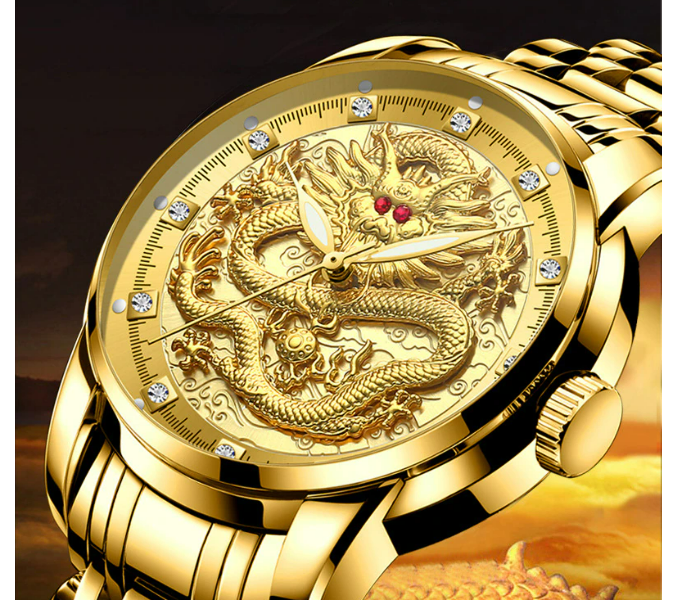 Luxury Unisex Watches Fashion Embossed Gold Plated Dragon Diamond Waterproof Luminous Wristwatch Stainless Steel - Gold - Zoom Image 5