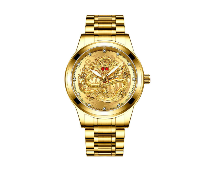 Luxury Unisex Watches Fashion Embossed Gold Plated Dragon Diamond Waterproof Luminous Wristwatch Stainless Steel - Gold - Zoom Image 1