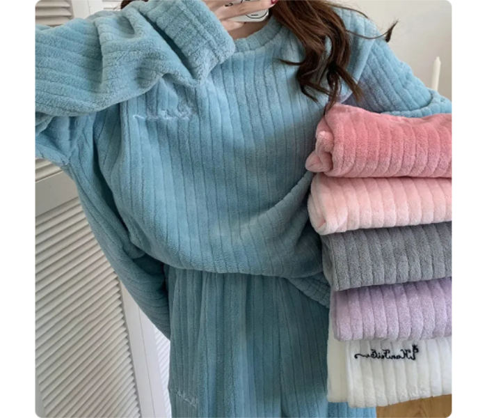 Autumn Winter Coral Fleece Home Wear Pajamas Suit For Women - Blue - Zoom Image 2