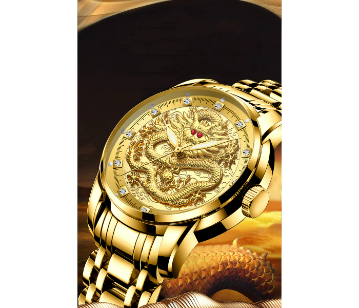 Luxury Unisex Watches Fashion Embossed Gold Plated Dragon Diamond Waterproof Luminous Wristwatch Stainless Steel - Gold - Zoom Image 2