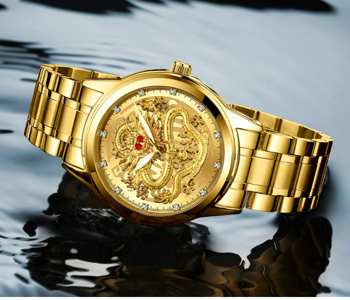 Luxury Unisex Watches Fashion Embossed Gold Plated Dragon Diamond Waterproof Luminous Wristwatch Stainless Steel - Gold - Zoom Image 3