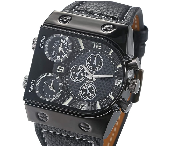 Fashion Men's 3 Time-Zone Supported Japan Quartz Large Face Military Army Leather Watch - Black - Zoom Image 1