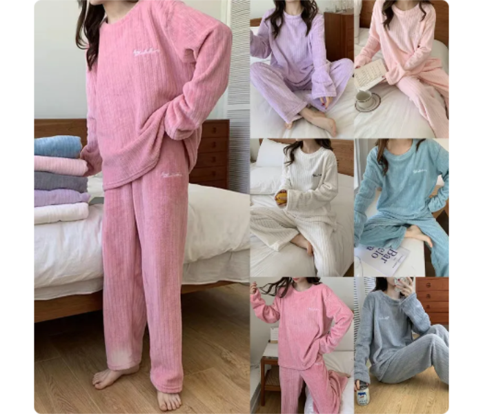 Autumn Winter Coral Fleece Home Wear Pajamas Suit For Women - Blue - Zoom Image 3