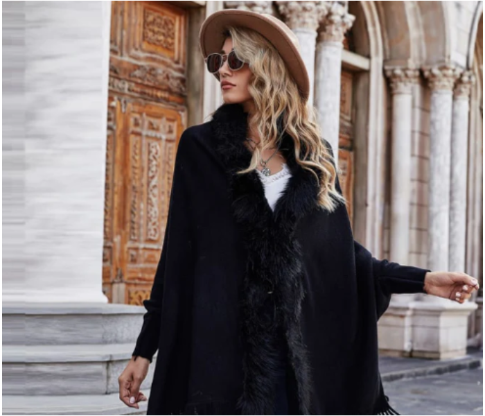 Fur Collar Winter Oversized Women's Winter Shawls - Black - Zoom Image 2