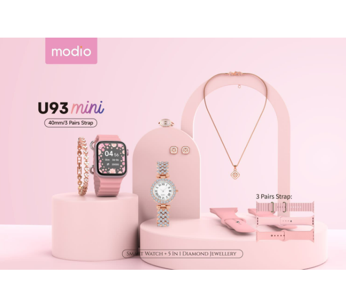 Modio Ladies U93 Mini Smart Watch With 3 Pair Strap and Stylish Analogue Watch with Diamond Jewellery Accessories Combo For Girls - Zoom Image 3