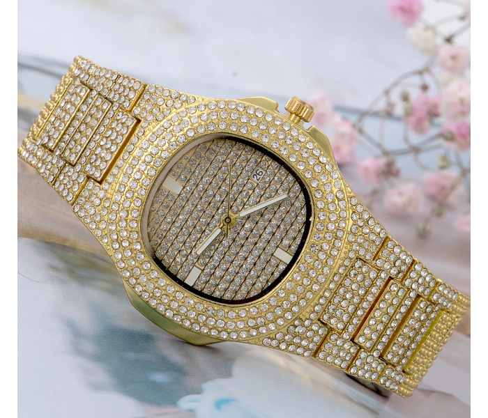 Luxury Quartz Watch with High Quality Cubic Imprint Cut Stone for Women - Gold - Zoom Image 1