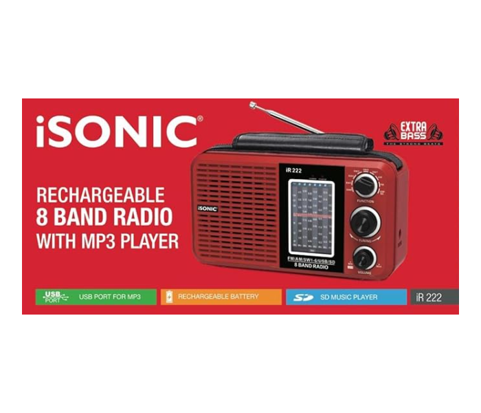 iSonic IR 222 8 Bands Rechargeable Radio with Mp3 Player - Red - Zoom Image 2