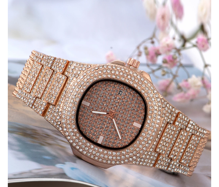 Luxury Quartz Watch with High Quality Cubic Imprint Cut Stone for Women - Rose Gold - Zoom Image 1