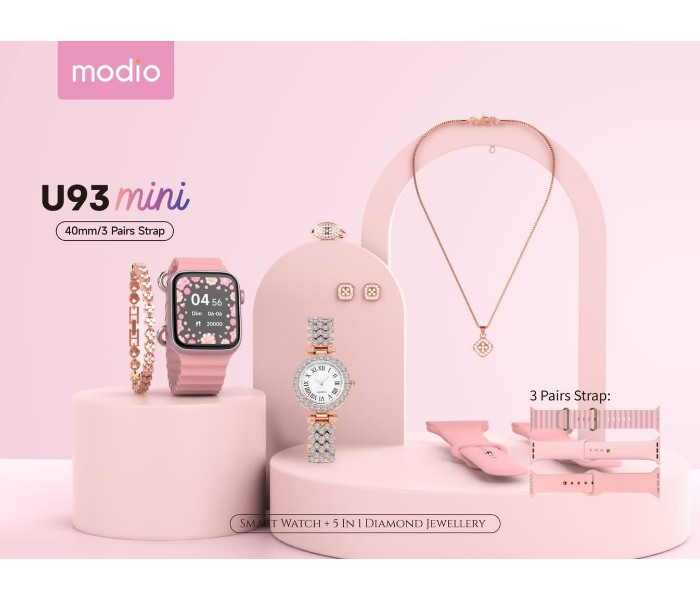 Modio Ladies U93 Mini Smart Watch With 3 Pair Strap and Stylish Analogue Watch with Diamond Jewellery Accessories Combo For Girls - Zoom Image 1