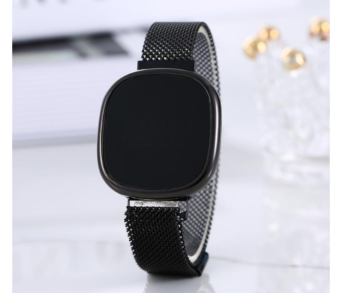 Digital Luxury Metal Electronic LED Wristwatch Fashion Simple Ladies Mesh Strap Watch - Black - Zoom Image