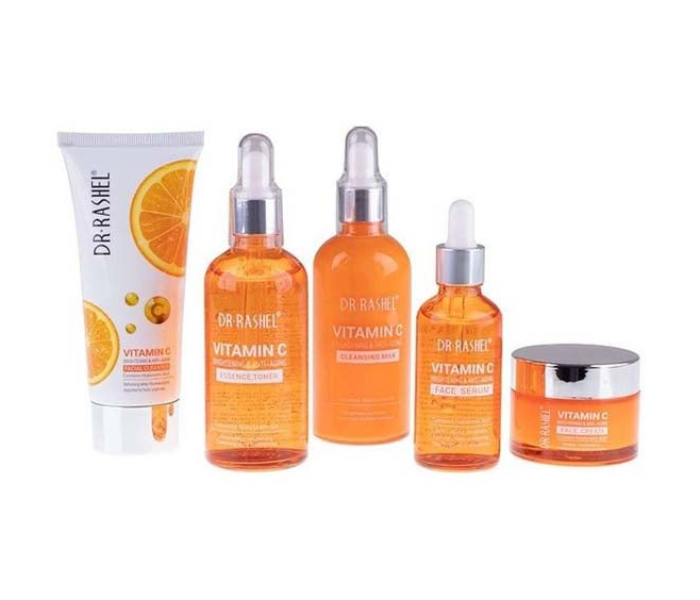 5-Piece Vitamin C Anti Aging And Skin Care Set Orange/White Facial Cleanser 80 g, Cleansing Milk 100 Ml, Essence Toner 100 Ml, Face Serum 50 Ml, Face Cream 50grams - Zoom Image 1