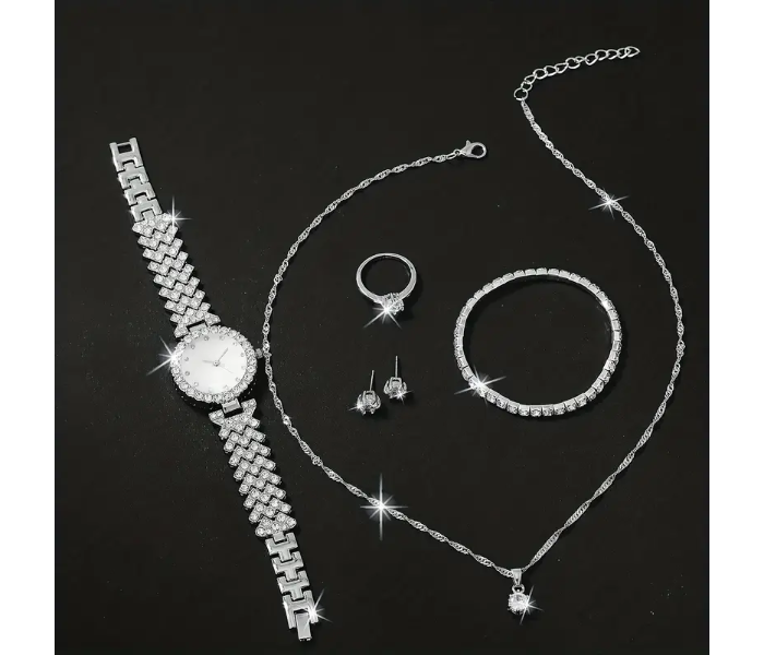 Rhinestone Decor Quartz Watch Wristwatches For Women with 5 Pcs Jewelry Set - Silver - Zoom Image 4