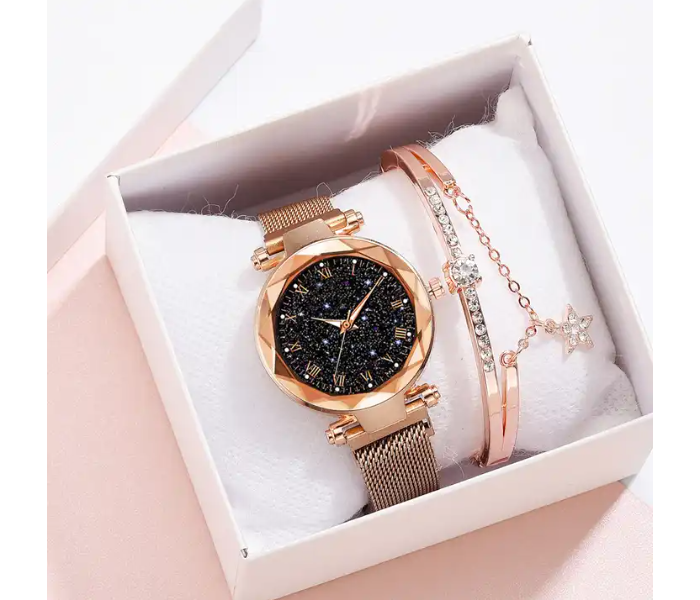 Rhinestone Decor Round Dial Zinc Alloy Strap Quartz Watch with Luminous Bracelet Set - Gold - Zoom Image 1