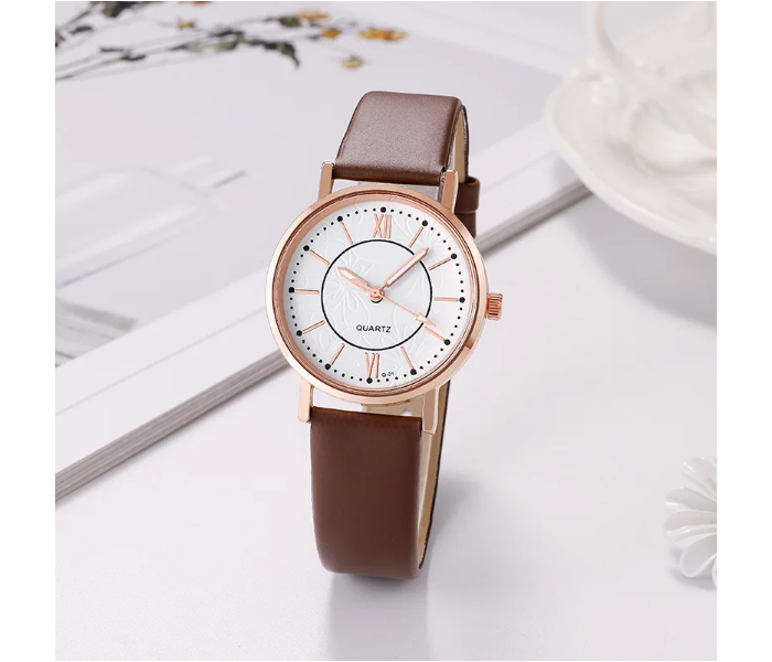 Luxury Casual Leather Simple Dress Quartz Ladies Wristwatch - Brown  - Zoom Image 1