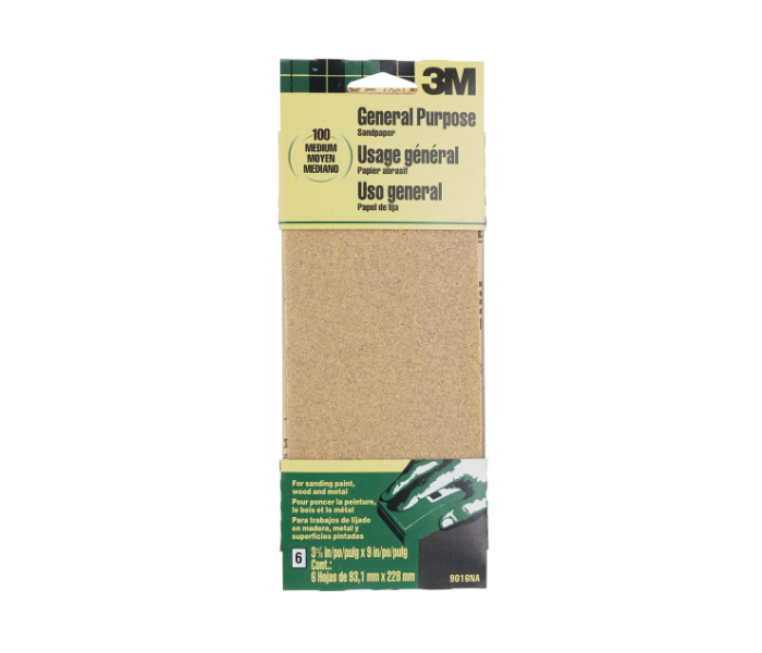 3M Aluminum Oxide Sandpaper 100 Medium Grit Pack (9.31 x 22.8 cm, 6 Pc.) - Zoom Image