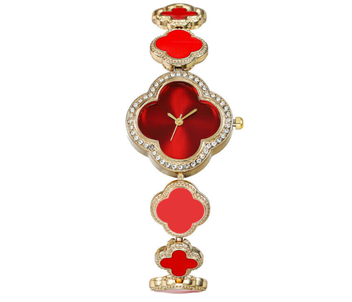 Retro Luxury Dial Four Leaf Clover Charm Bracelet Women Watch - Red - Zoom Image 1