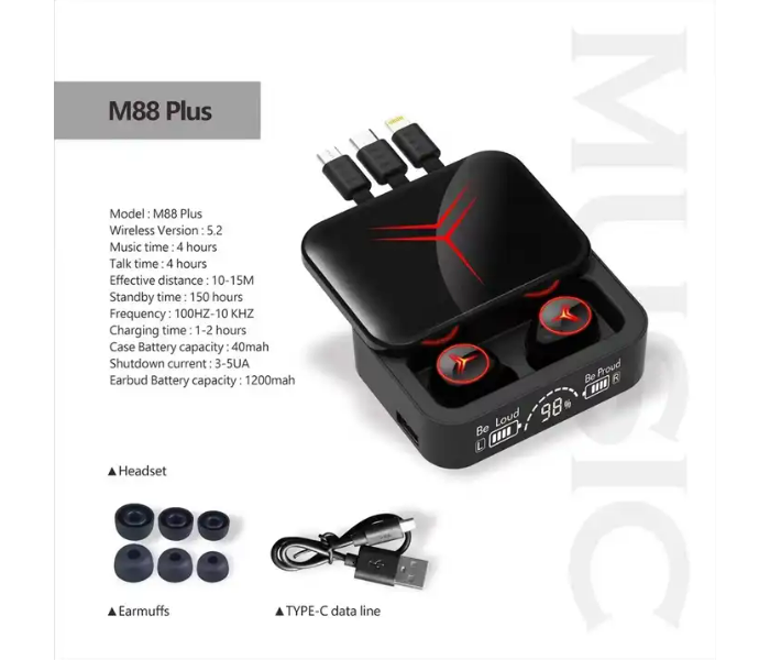 M88 Tws True Wireless Bluetooth Earphone  with mobile power bank and inbuilt 3 charging cables  - Zoom Image 6