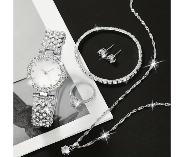 Rhinestone Decor Quartz Watch Wristwatches For Women with 5 Pcs Jewelry Set - Silver - Zoom Image 5