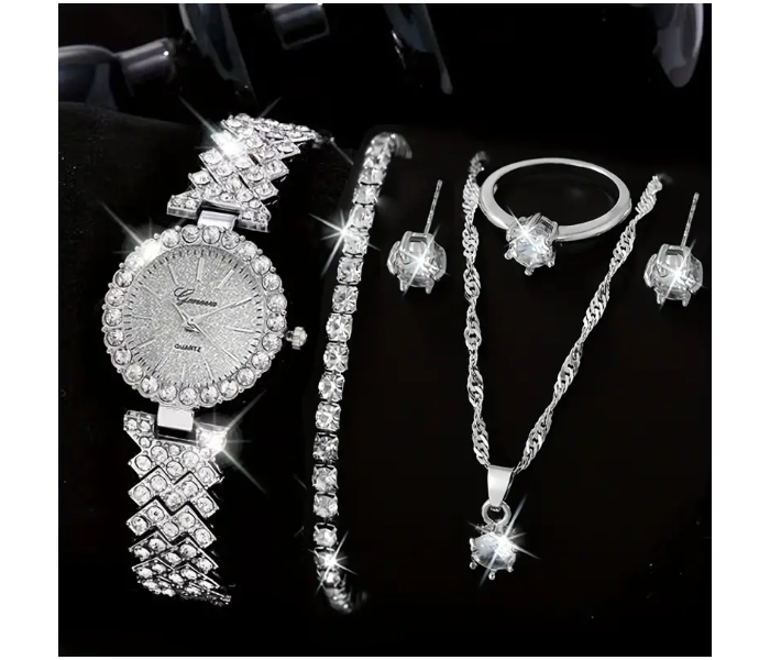 Rhinestone Decor Quartz Watch Wristwatches For Women with 5 Pcs Jewelry Set - Silver - Zoom Image 6