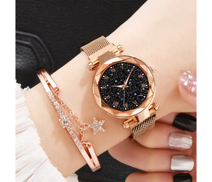 Rhinestone Decor Round Dial Zinc Alloy Strap Quartz Watch with Luminous Bracelet Set - Gold - Zoom Image 2