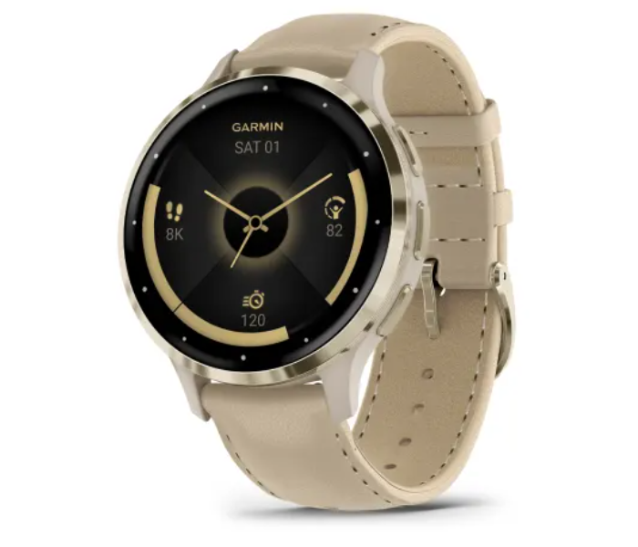 Garmin 010-02785-55 Soft Gold Stainless steel bezel With French Grey Case And leather Strap Smart Watch - Zoom Image 1