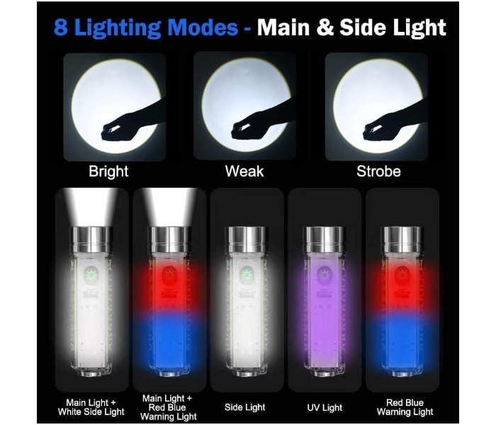 Generic Powerful Torches LED Super Bright Rechargeable 500 Lumens with Red Blue UV Light - Mini Pocket Torch 8 Modes Multifunctional Magnetic Zoomable Flashlight - Zoom Image 3