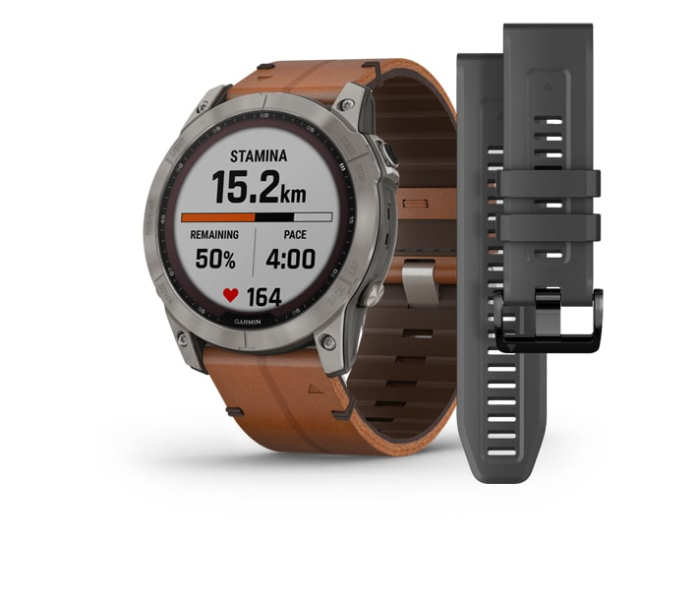 Garmin 010-02541-19 Fenix 7X Sapphire Solar EditionTitanium with Chestnut Leather GPS Band - Zoom Image 1