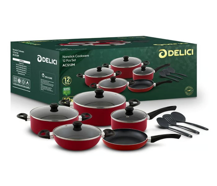 Delici ACS12M Set of 12 Pcs Non stick Aluminum Cookware - Red - Zoom Image