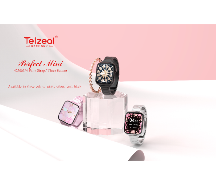 Telzeal Germany Perfect Mini 42mm 4 Pair Straps Ladies Smart Watch With Diamond Bracelet and Wireless Charger - Pink - Zoom Image 4