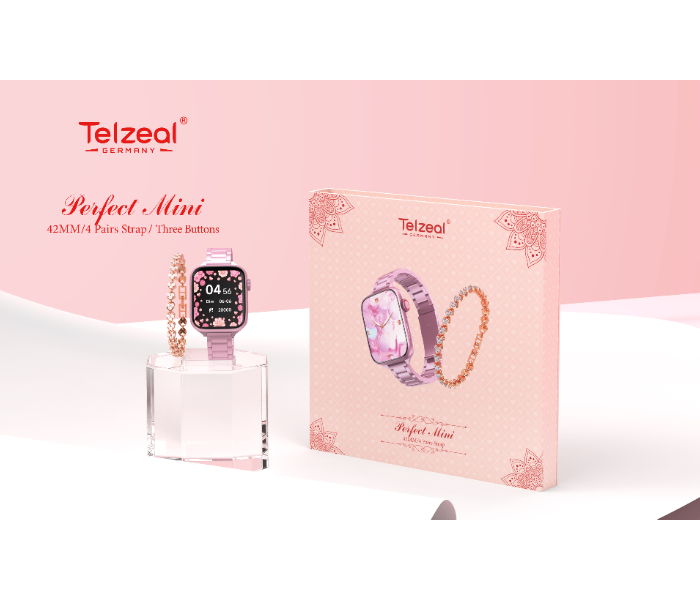 Telzeal Germany Perfect Mini 42mm 4 Pair Straps Ladies Smart Watch With Diamond Bracelet and Wireless Charger - Pink - Zoom Image 2