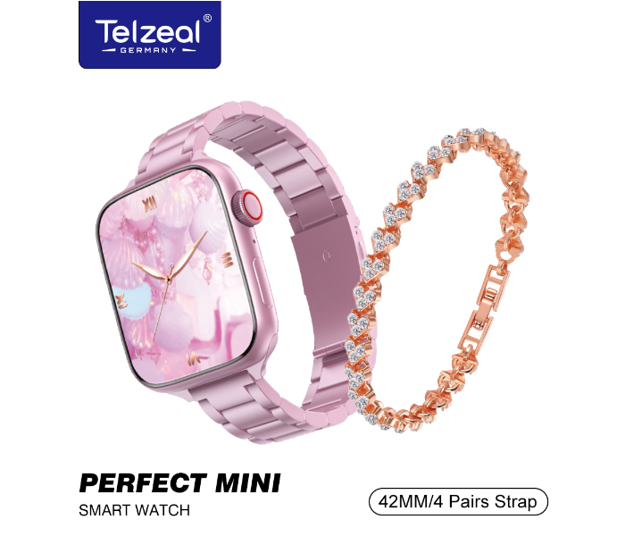 Telzeal Germany Perfect Mini 42mm 4 Pair Straps Ladies Smart Watch With Diamond Bracelet and Wireless Charger - Pink - Zoom Image 1