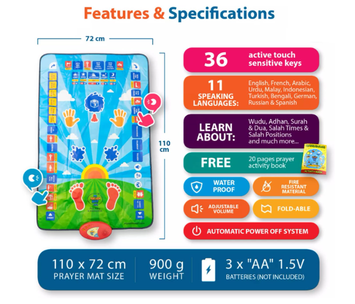 Smart Educational Prayer Mat for Kids, Prayer Rug Electronic Islamic Prayer Mat with Worship Step Guide for Kids Toddlers ＆ Ramadan Gifts 110 x 70cm - Zoom Image 3