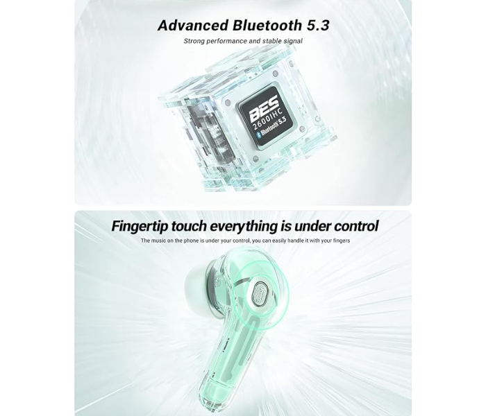 Transparent Wireless Earphones Bluetooth 5.3 LED Power Display Mini Crystal in-Ear Earbuds with Wireless Charging Case Touch Control Built-in Mic for Sports IPX4 Waterproof Earphone - Green - Zoom Image 6