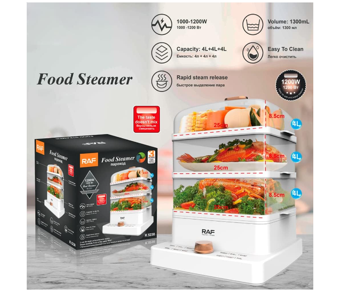 Multi Function Electric Food Steamer, 1200W Fast Heating with 3 Tiers Stackable Basket,12L Large Capacity Simultaneous Cooking for Vegetables, Meats, Grains, Auto Shutoff & Anti-dry Protection - Zoom Image 2