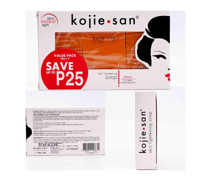 Kojie San 3 in 1 Skin Lightening Kojic Acid Soap Natural Soap for Men and Women for Glowing, Hydrated, and Beautifully Fresh Skin (3 X 65g Bars) - Zoom Image 2