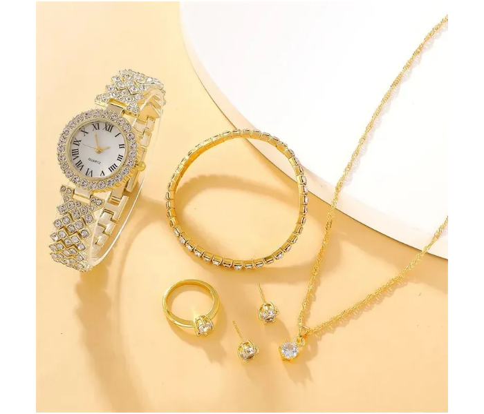 Rhinestone Decor Quartz Watch Wristwatches For Women with 5 Pcs Jewelry Set - Gold - Zoom Image 5