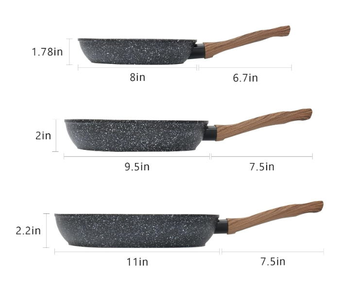 Kala 3PCS Non Stick Frying Pan Set Saute Fry Pan Granite Skillet  Pans Heat-Resistant Handle Nonstick With Wood Detachable Handle - Zoom Image 4