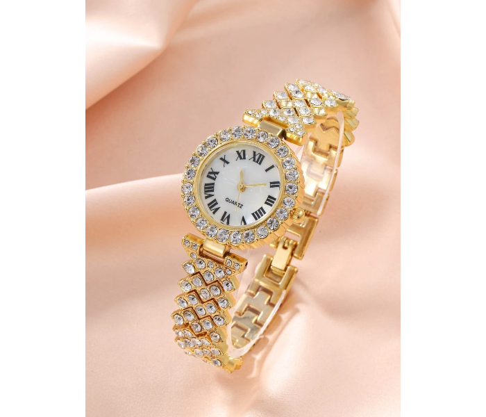 Rhinestone Decor Quartz Watch Wristwatches For Women with 5 Pcs Jewelry Set - Gold - Zoom Image 3