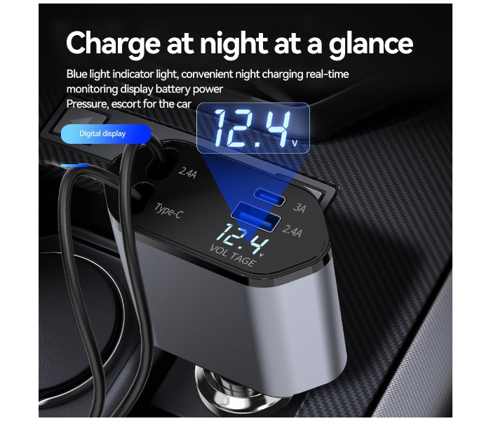 4 in 1 Retractable Car Charger, Fast Charging Car Charger 60W, Retractable Cable and 2 USB Ports Car Charger Adapter Compatible with Lightning and Type-C - Zoom Image 5