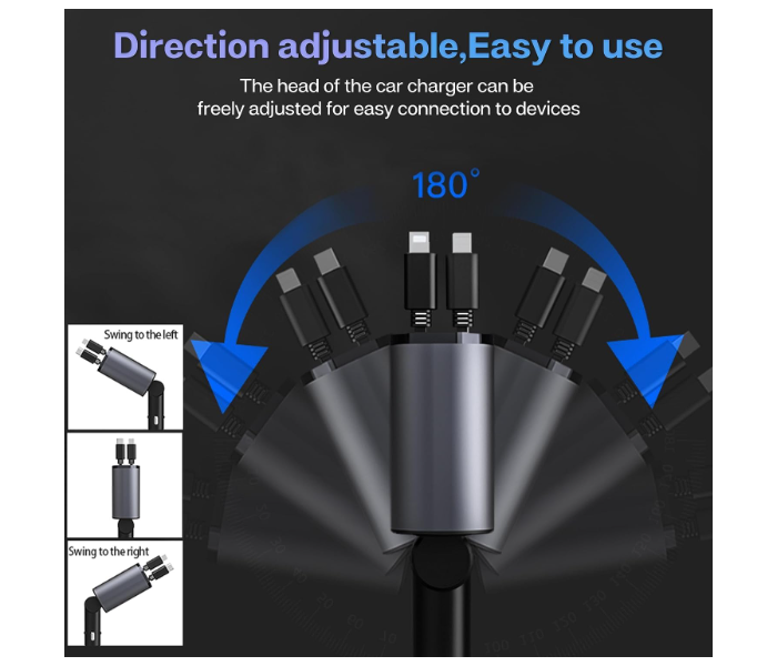 4 in 1 Retractable Car Charger, Fast Charging Car Charger 60W, Retractable Cable and 2 USB Ports Car Charger Adapter Compatible with Lightning and Type-C - Zoom Image 3