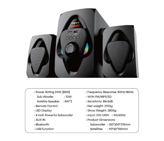 Impex HT 2115  2.1 Channel Multimedia Home Theater Music Player MP3 USB Card Reader FM Radio Remote Control - Zoom Image 3