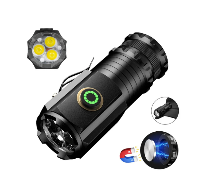 Mini 3LED Flashlight Portable Camping Torch Rechargeable Battery Lamp with Tail Magnet - Black - Zoom Image 1