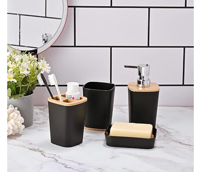 6 Pieces Bamboo Bathroom Accessories set, Luxury Bathroom Accessory Set, Bathroom Bin And Toilet Brush Set, Toothbrush Holder Tumbler Soap Dish Trash Can Soap Dispenser Bath Set Gift - Zoom Image 4