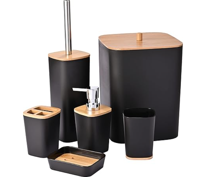 6 Pieces Bamboo Bathroom Accessories set, Luxury Bathroom Accessory Set, Bathroom Bin And Toilet Brush Set, Toothbrush Holder Tumbler Soap Dish Trash Can Soap Dispenser Bath Set Gift - Zoom Image 1