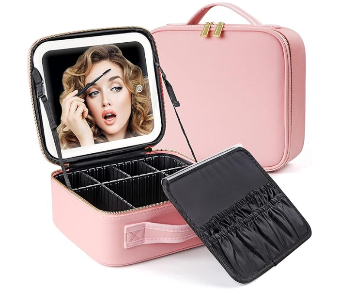 Travel Makeup Bag with Mirror of LED Lighted, Travel Makeup Train Case Cosmetic Bag Organizer with Adjustable Dividers, Makeup Case with Mirror, 3 Adjustable Brightness Cosmetic Bag in UAE