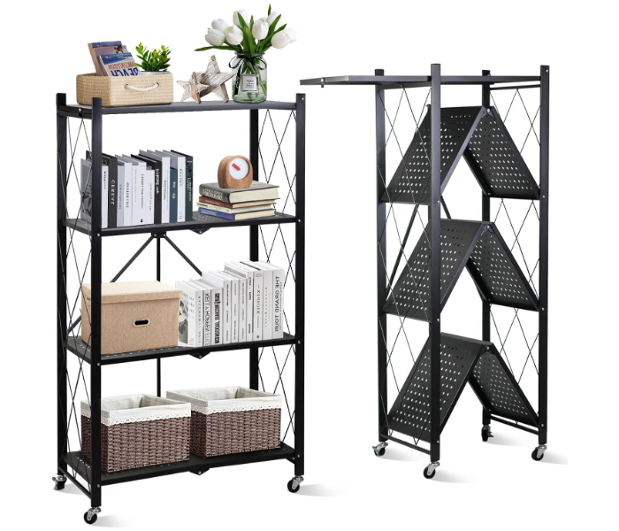 4 Tier Folding Storage Shelf Metal Rack with Rolling Wheel - Black in UAE