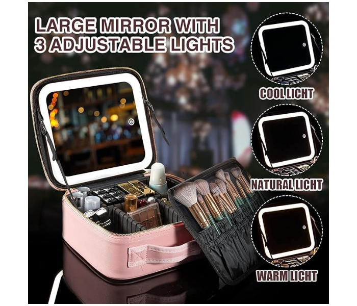 Travel Makeup Bag with Mirror of LED Lighted, Travel Makeup Train Case Cosmetic Bag Organizer with Adjustable Dividers, Makeup Case with Mirror, 3 Adjustable Brightness Cosmetic Bag in UAE