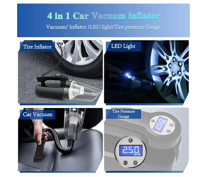 Generic 4-in-1 Car Vacuum Cleaner Tire Inflator - Portable High Power Handheld Car Vacuum Cleaner 7000PA/130W/DC 12V with LCD Tire Pressure Display LED Light Wet/Dry Air Compressor in OMAN